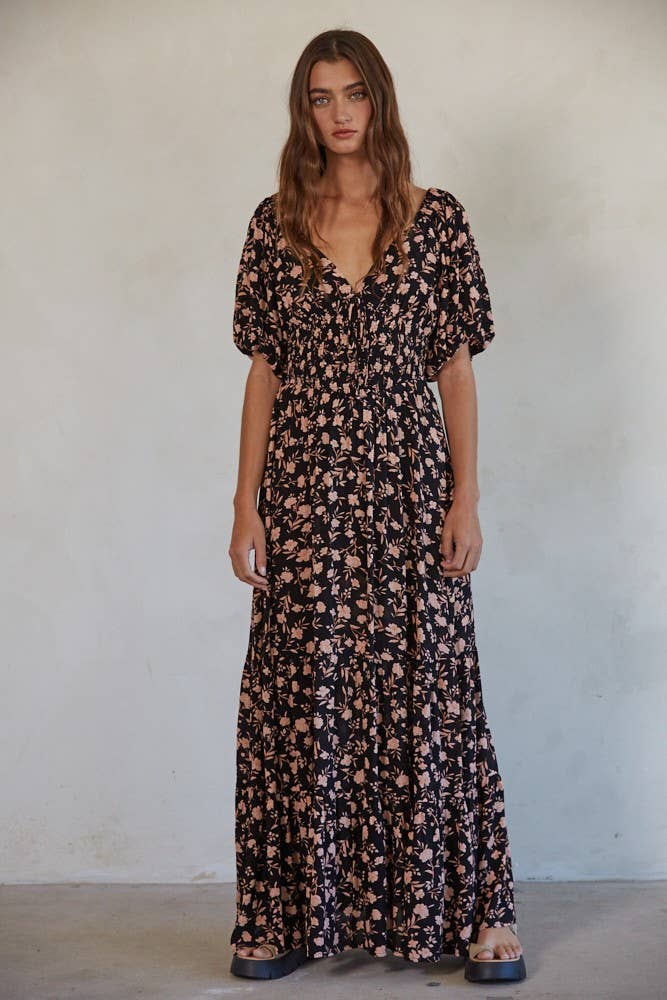 Floral V-Neck Maxi: Black Multi