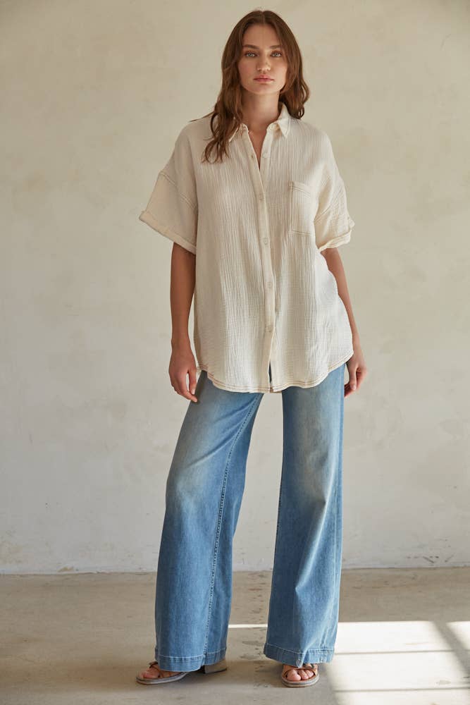 Woven Cotton Gauze Button Down Shirt: Cream
