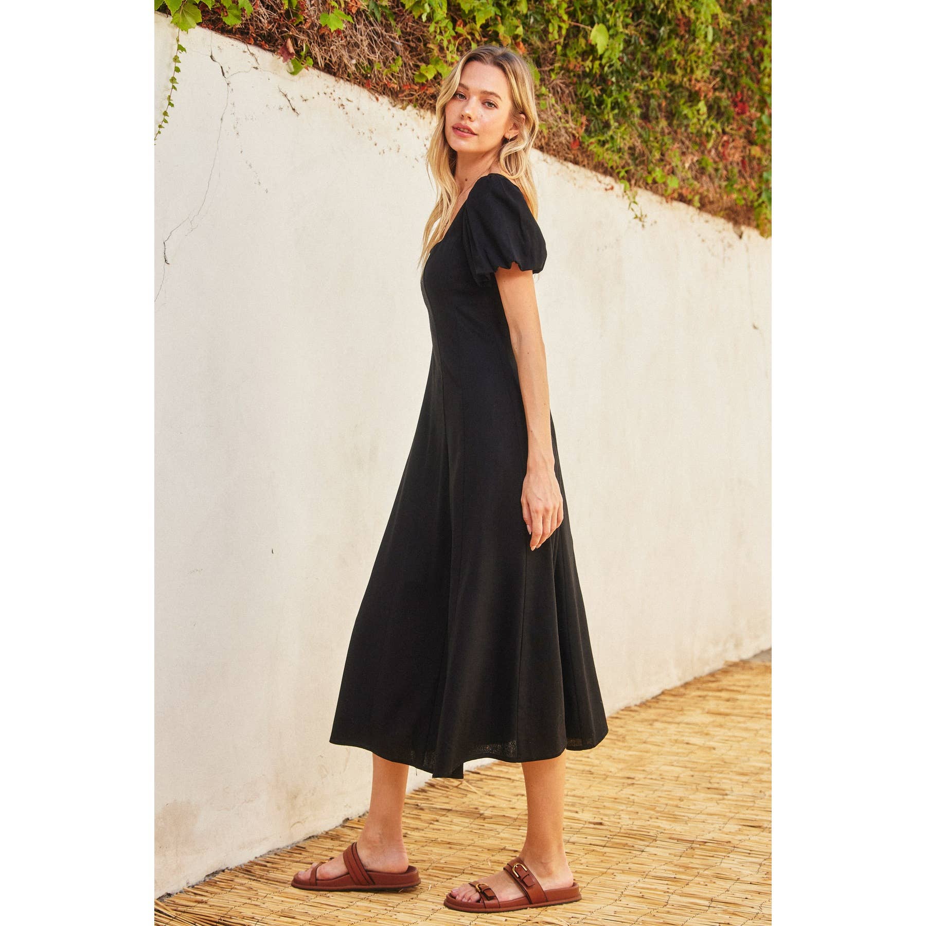 Cotton Linen Puff Sleeve Midi Dress