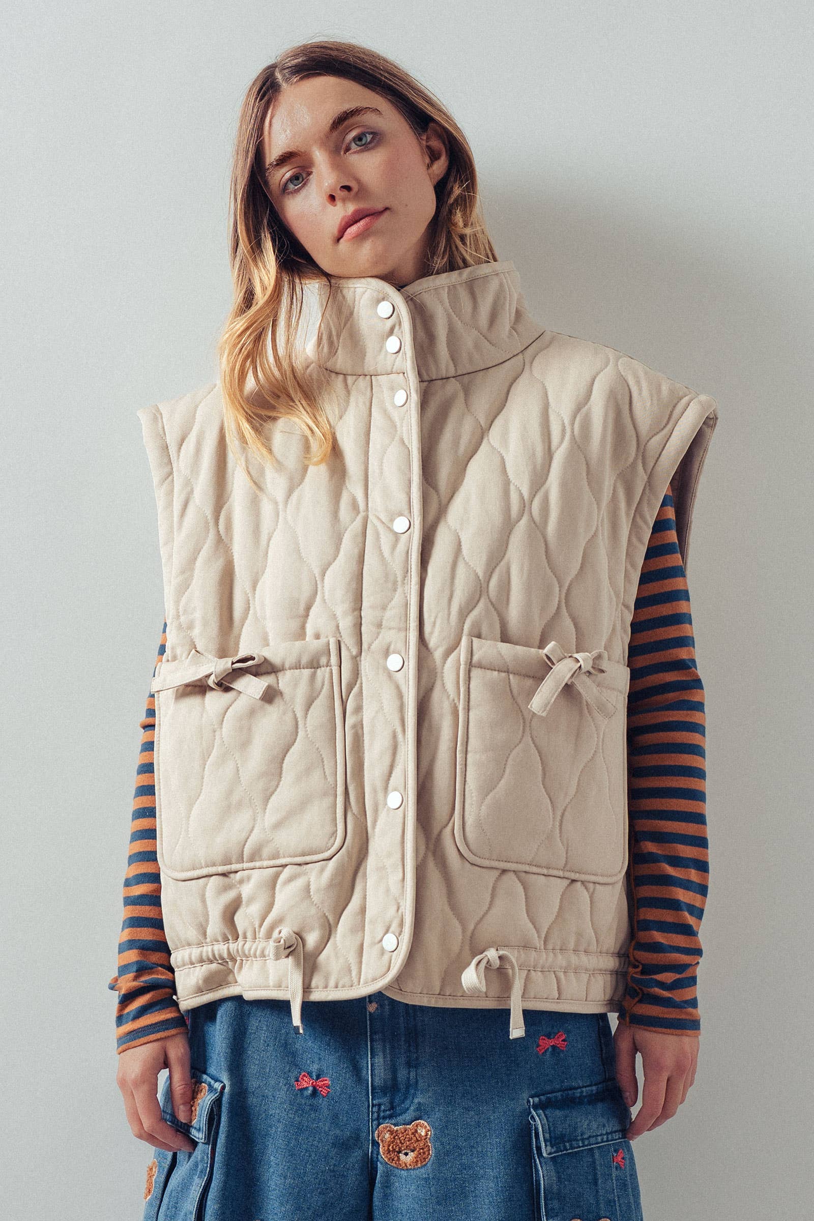 Vintage Washed Quilted Padded Vest: Cream