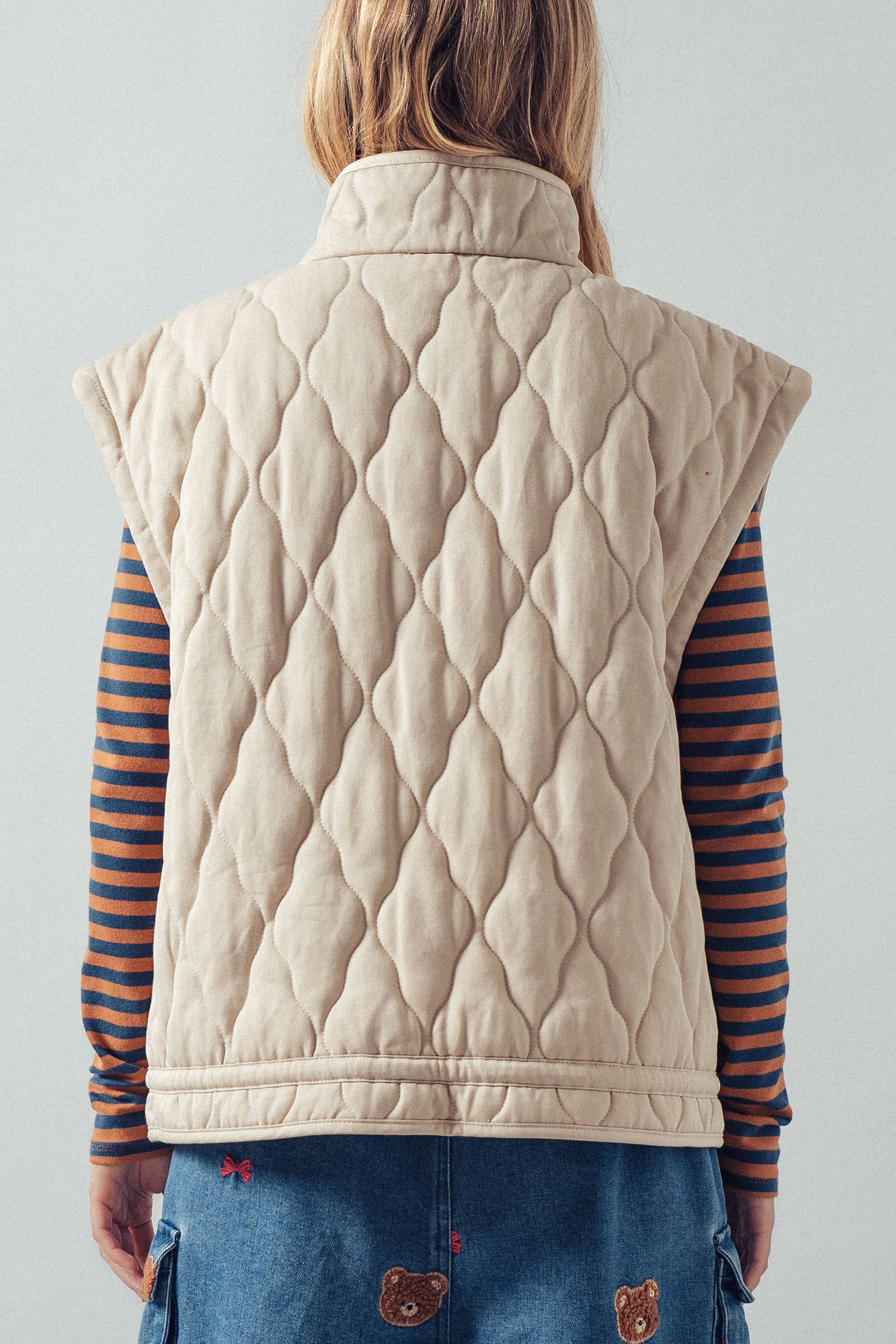 Vintage Washed Quilted Padded Vest: Cream