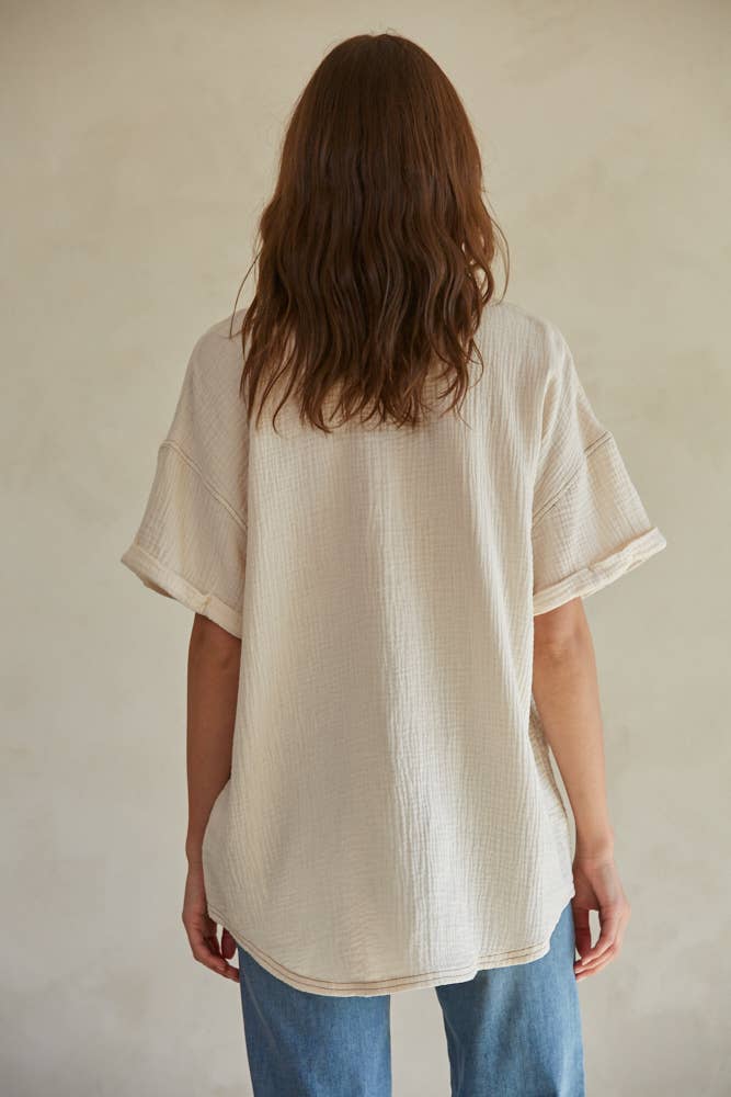 Woven Cotton Gauze Button Down Shirt: Cream