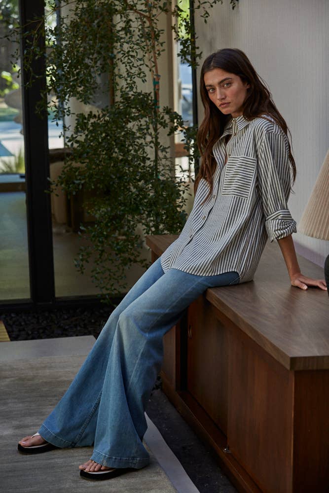 Woven Cotton Button-Down Long Sleeve: Black