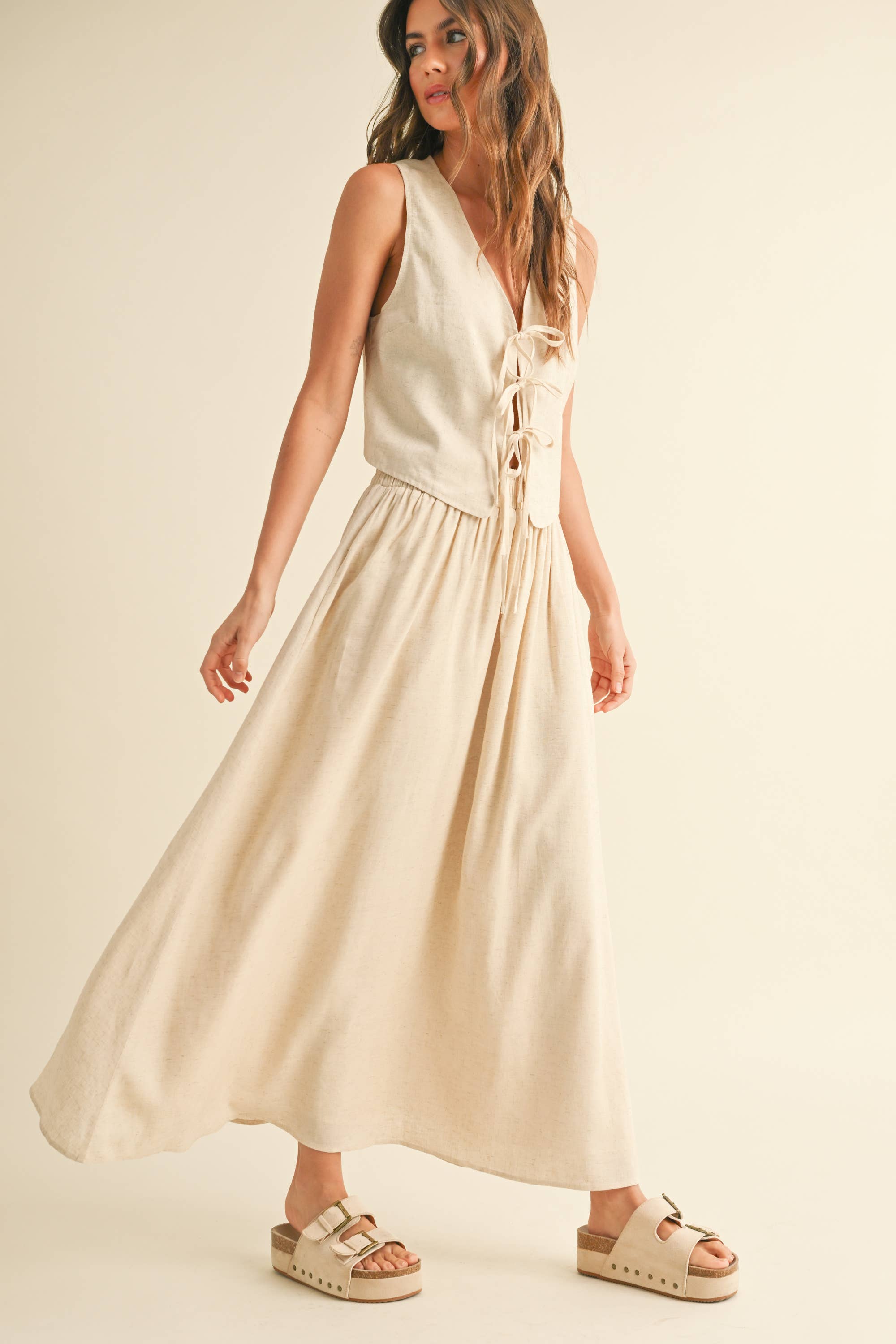 Linen Blend Maxi Skirt: Oatmeal