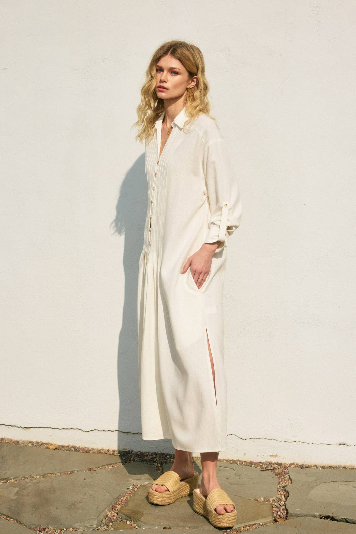 Cotton Linen Pleated Shirt Dress: Ivory