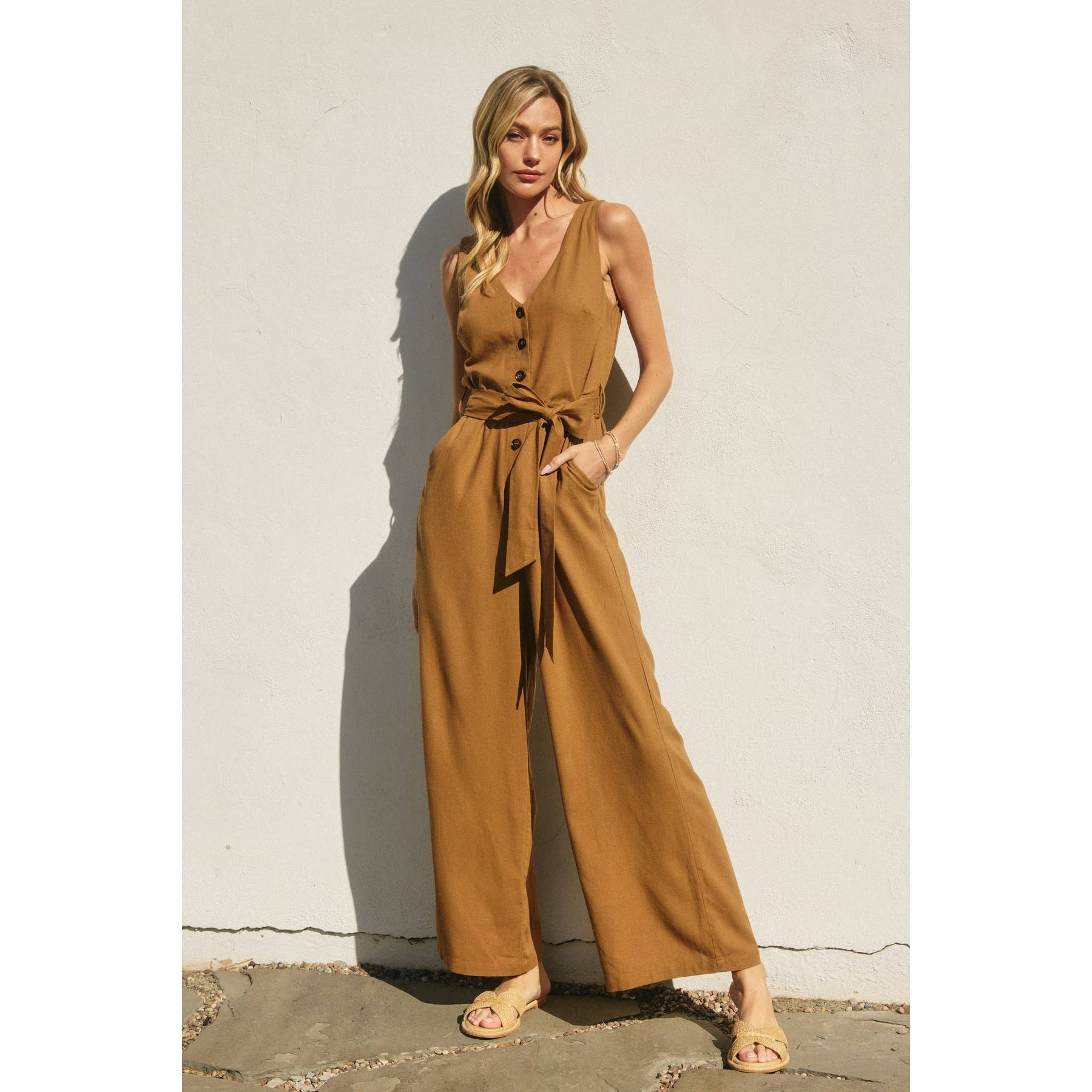 Belted Jumpsuit: Golden Palm