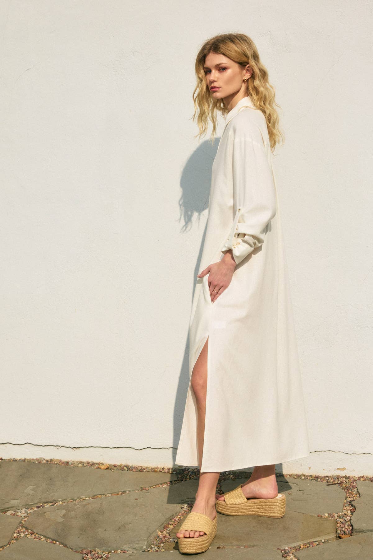 Cotton Linen Pleated Shirt Dress: Ivory
