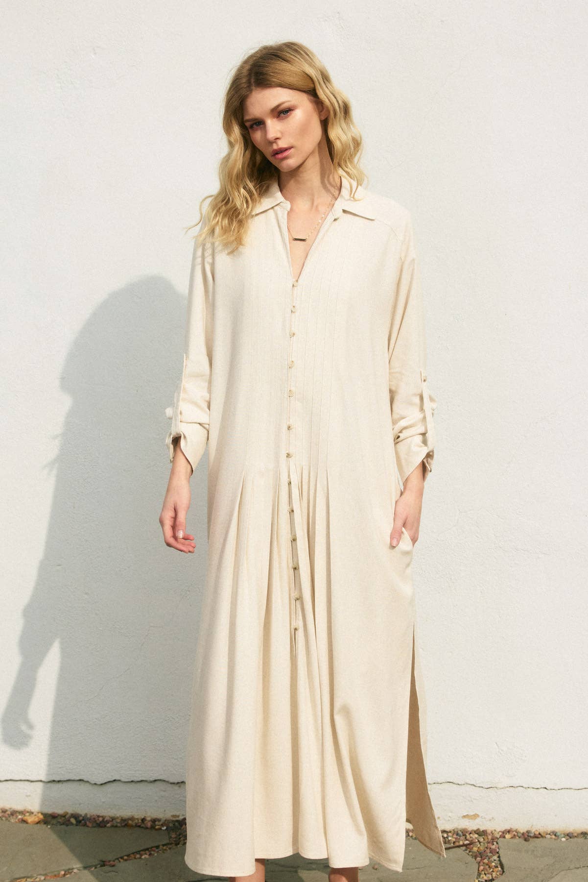 Cotton Linen Pleated Shirt Dress: Ivory