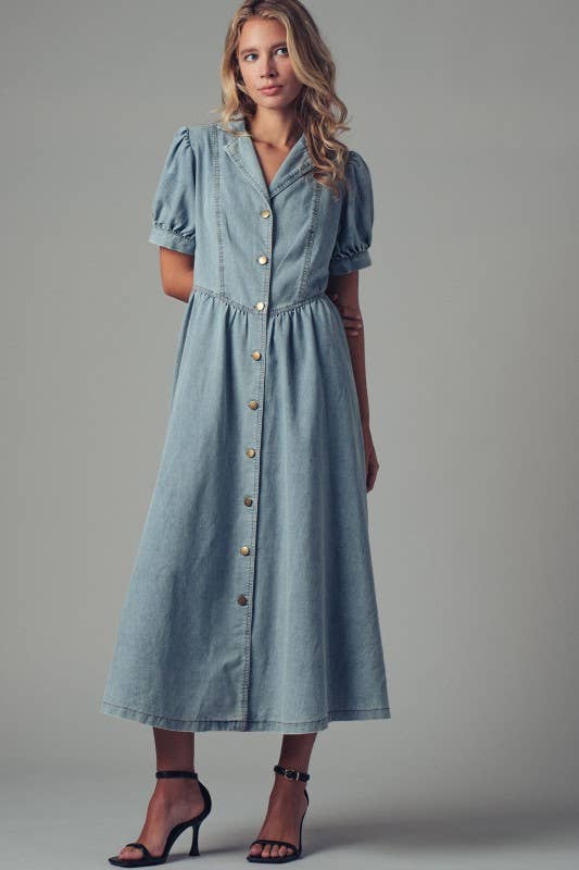 Button-Down Puff Sleeve Denim Midi Dress