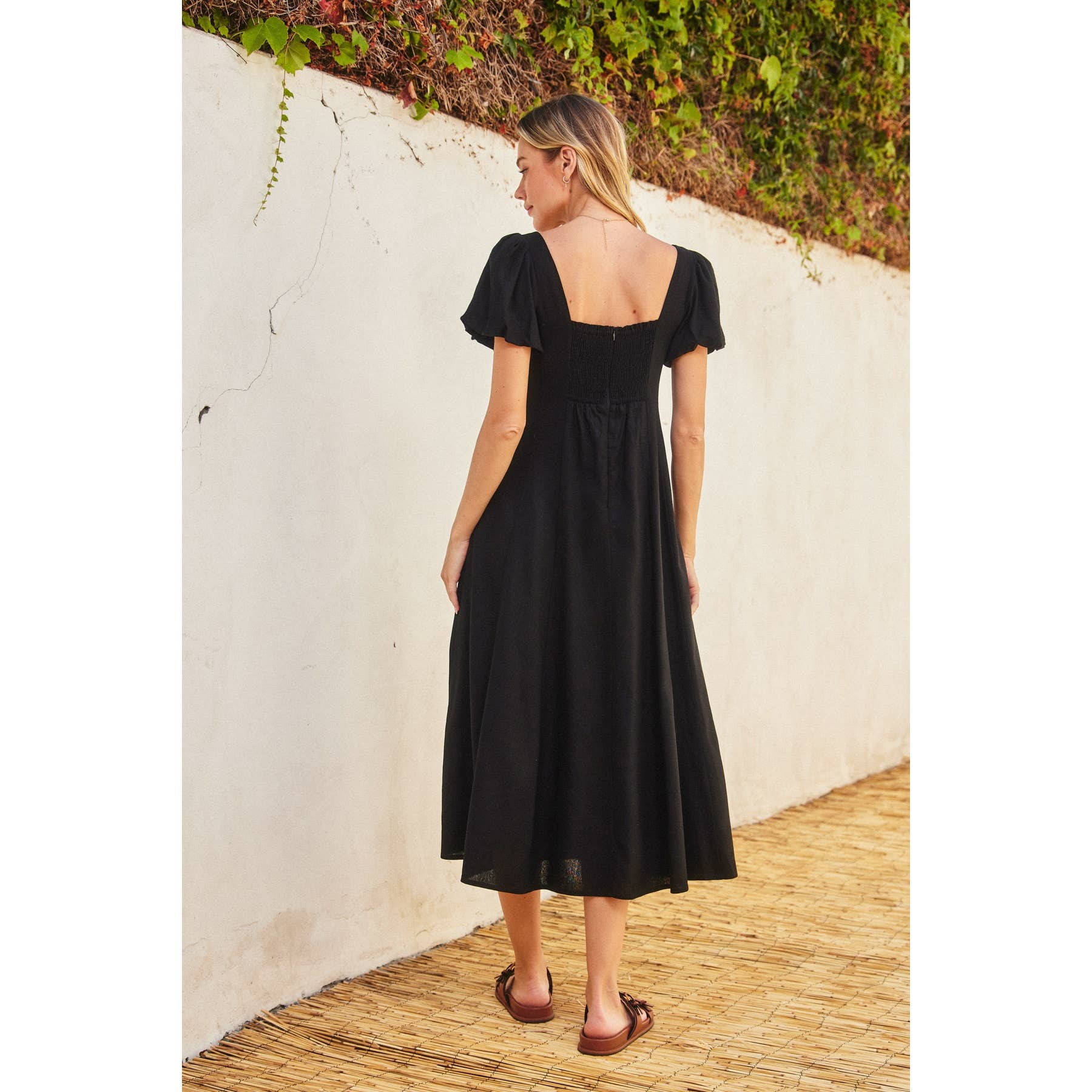 Cotton Linen Puff Sleeve Midi Dress