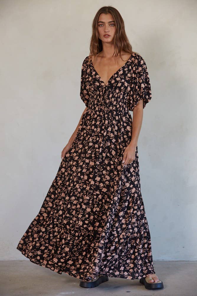 Floral V-Neck Maxi: Black Multi