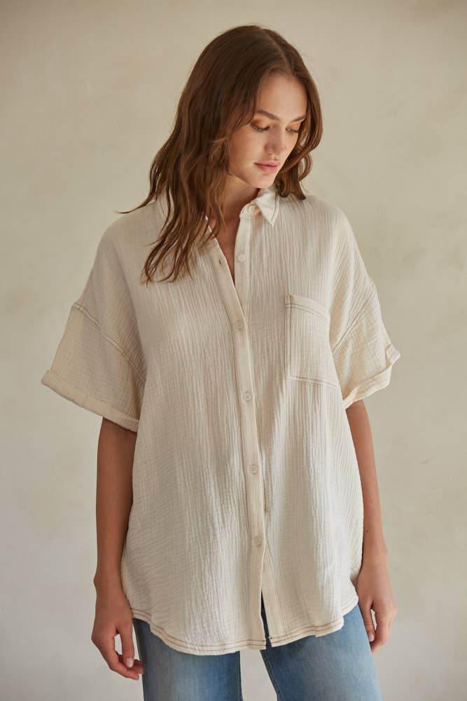 Woven Cotton Gauze Button Down Shirt: Cream