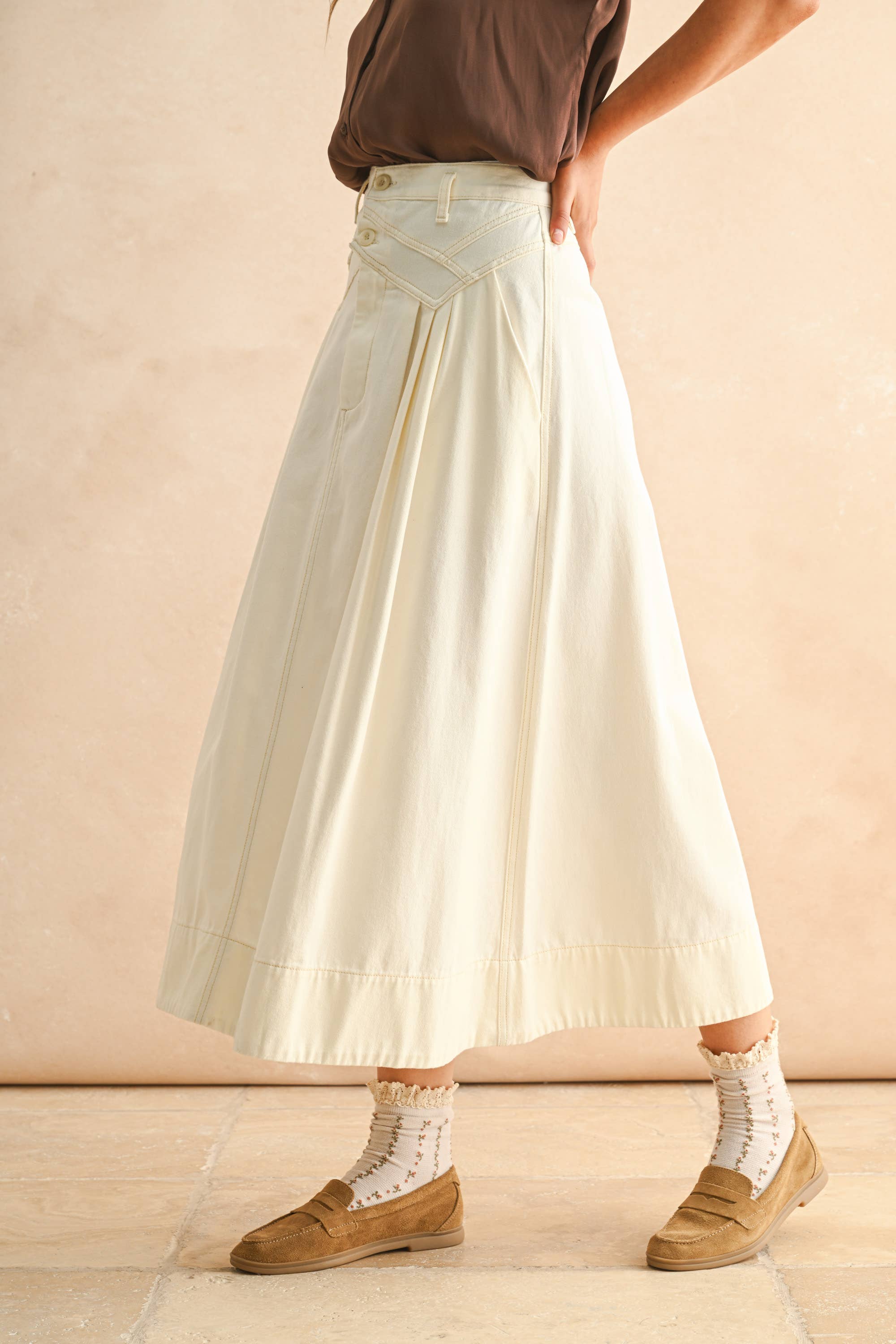 Mini Pleat Long Skirt: Ecru