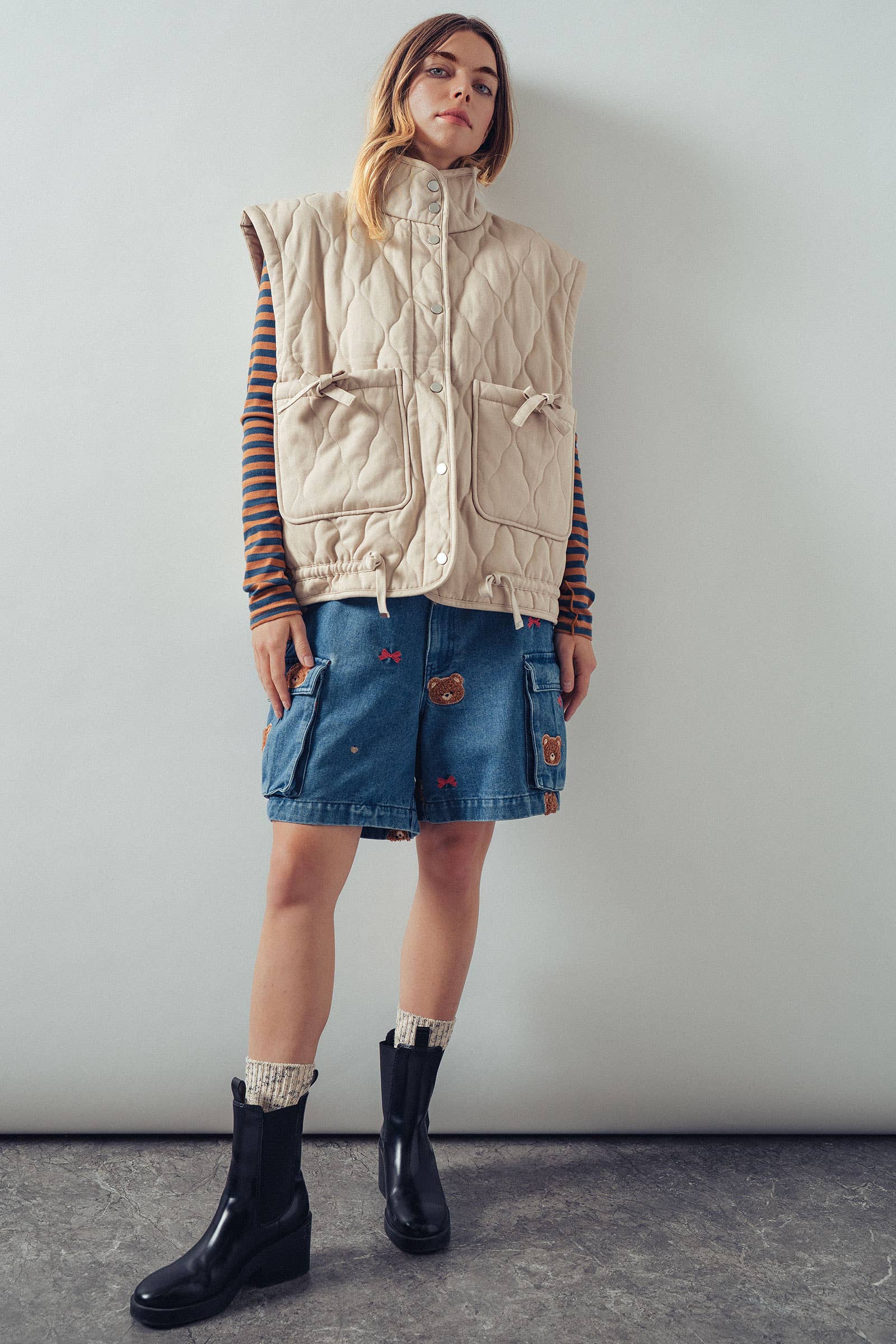 Vintage Washed Quilted Padded Vest: Cream