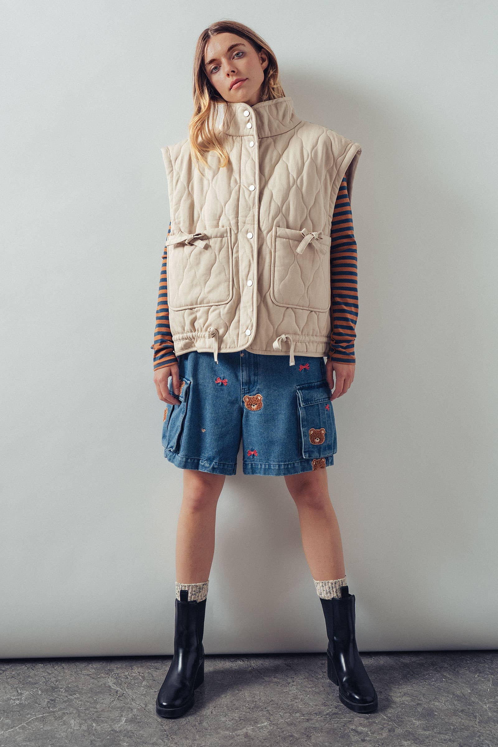 Vintage Washed Quilted Padded Vest: Cream