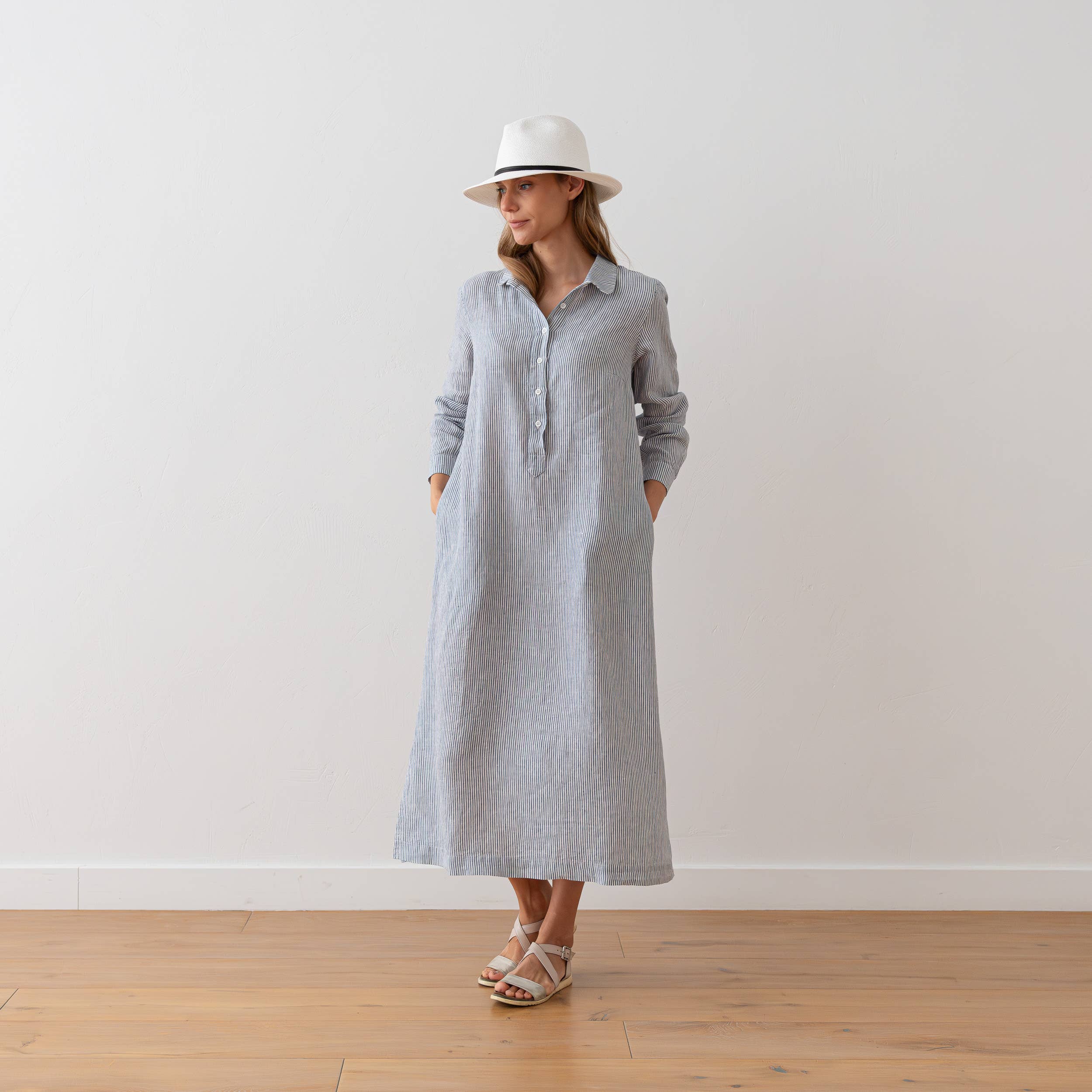 Navy Striped Linen Maxi Dress