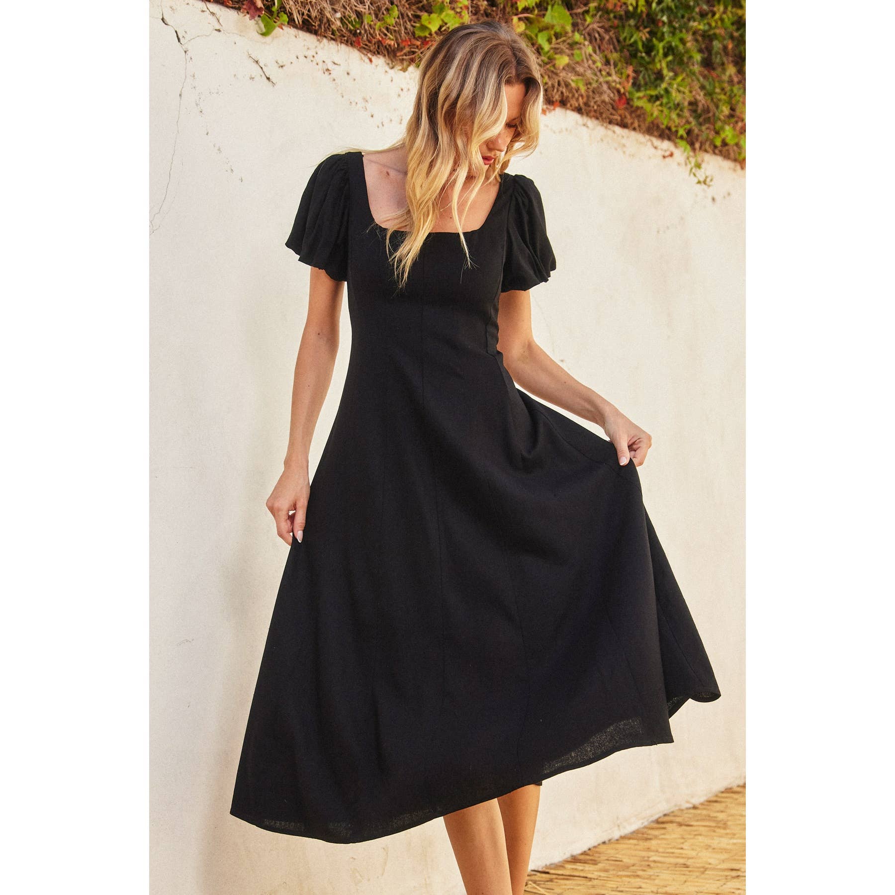 Cotton Linen Puff Sleeve Midi Dress