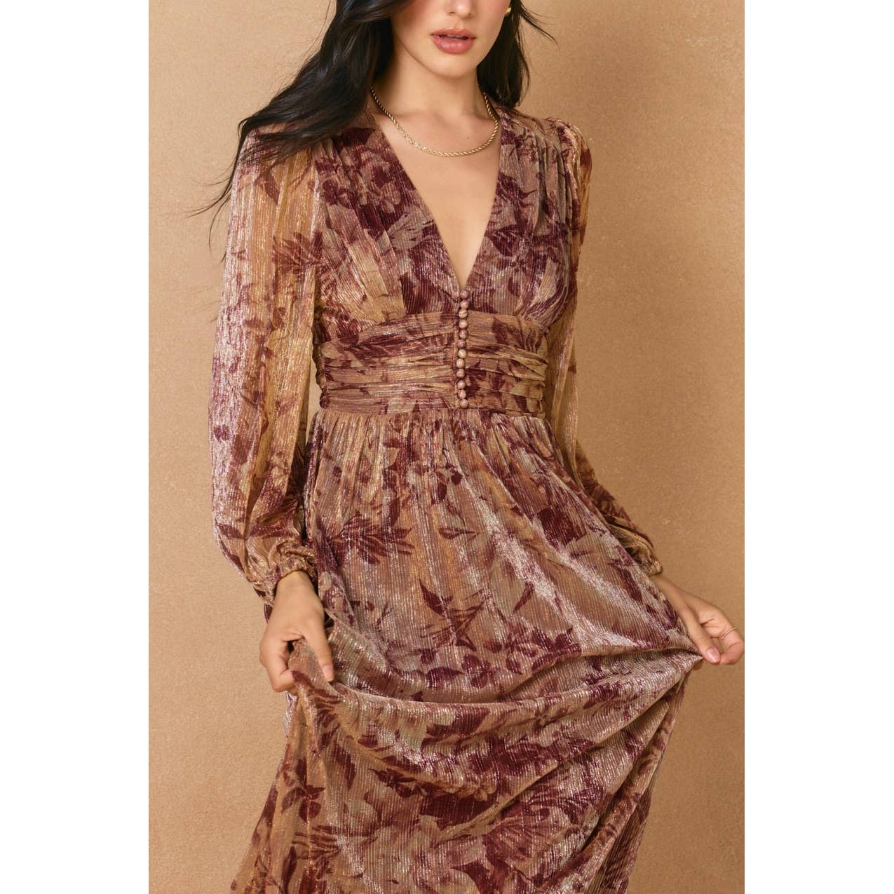 Burgundy Bloom Ruched Waist Maxi Dress