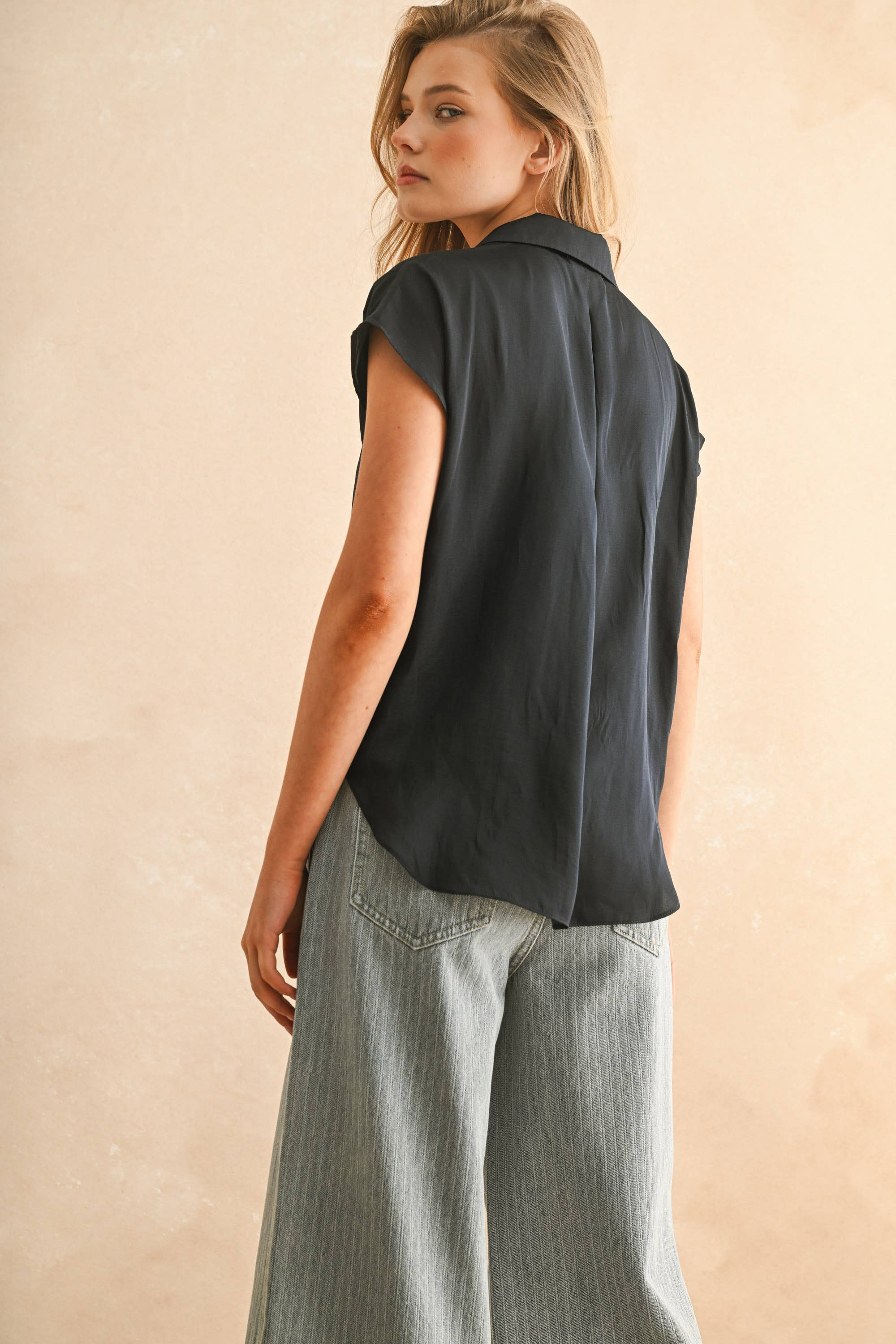 Cap Sleeve Silk Blend Blouse: Black