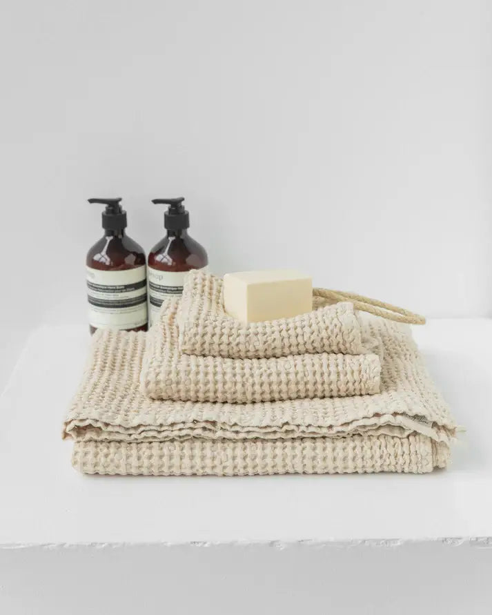 Waffle Linen Bath Towel Set of 3 - Vanilla