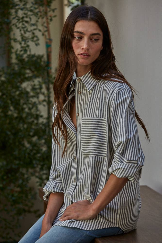 Woven Cotton Button-Down Long Sleeve: Black