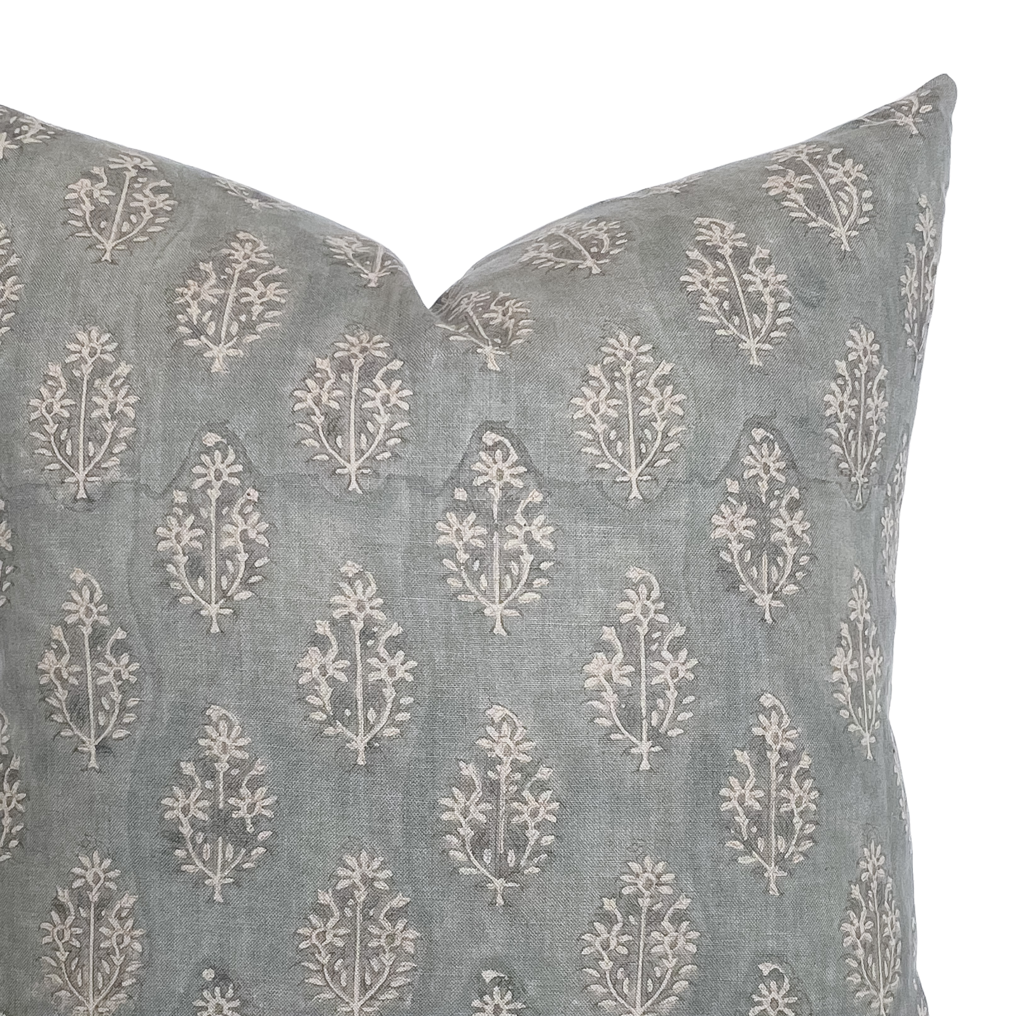 Silas Muted Blue Floral Handblock Pillow: 22x22