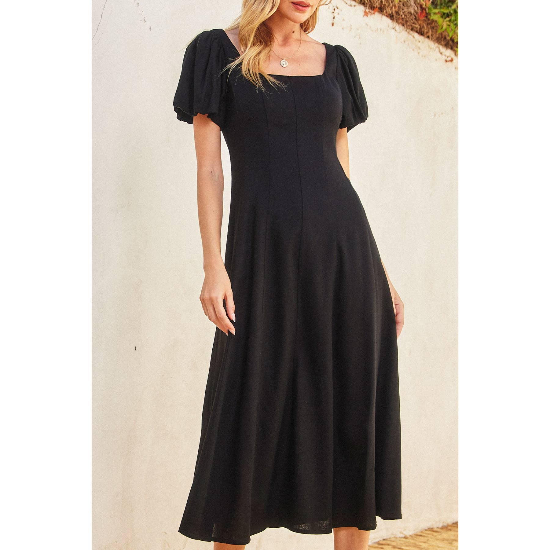Cotton Linen Puff Sleeve Midi Dress