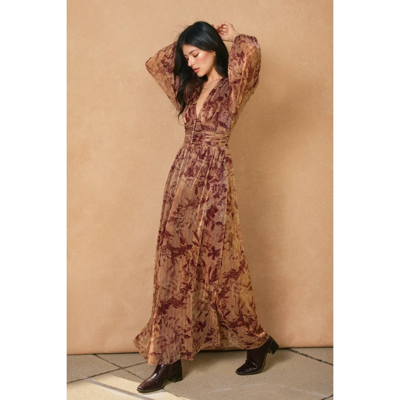 Burgundy Bloom Ruched Waist Maxi Dress