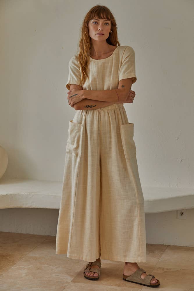 Wide Leg Cotton Jumpsuit: Cream