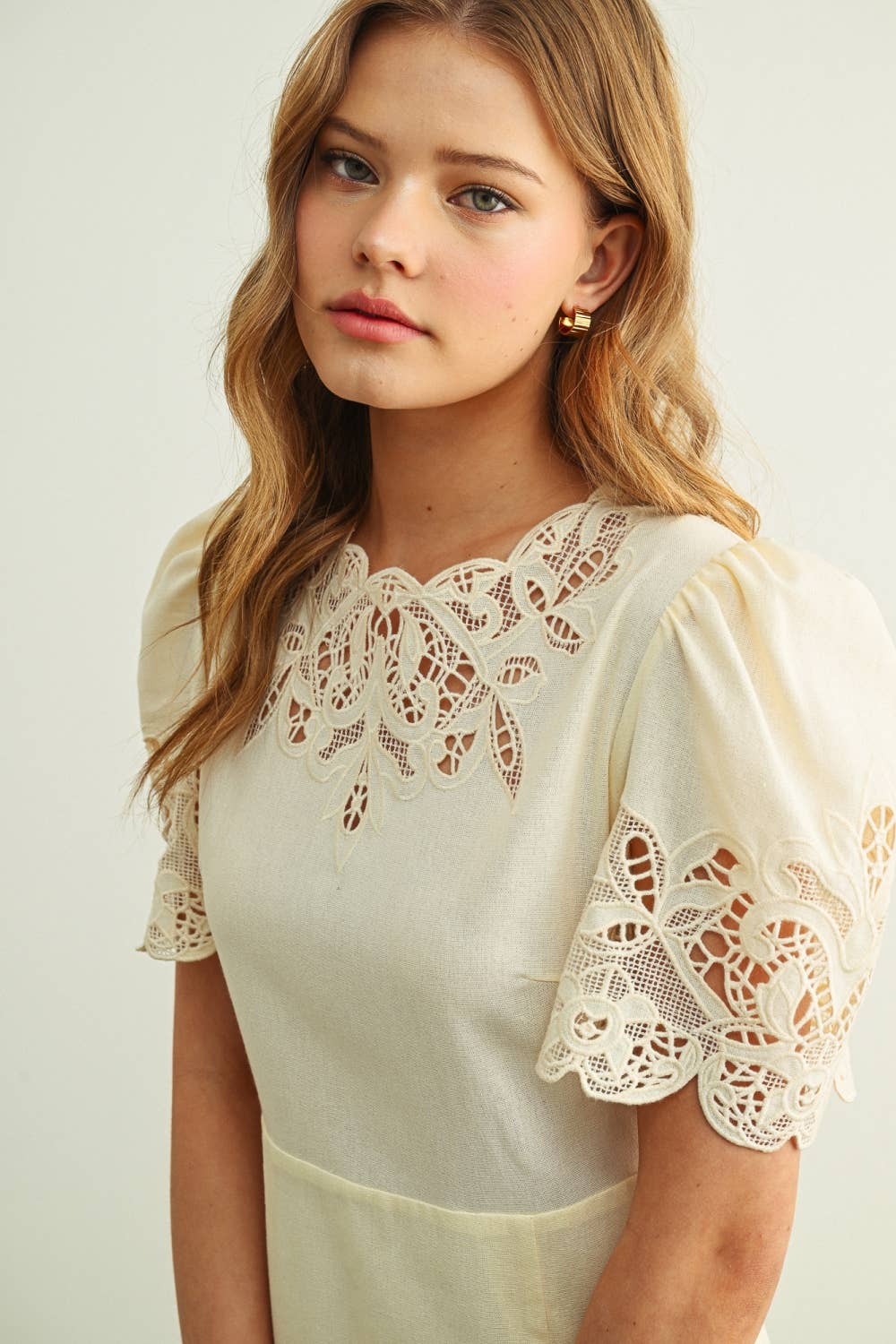 Adeline Cutwork Linen Maxi Dress: Ecru