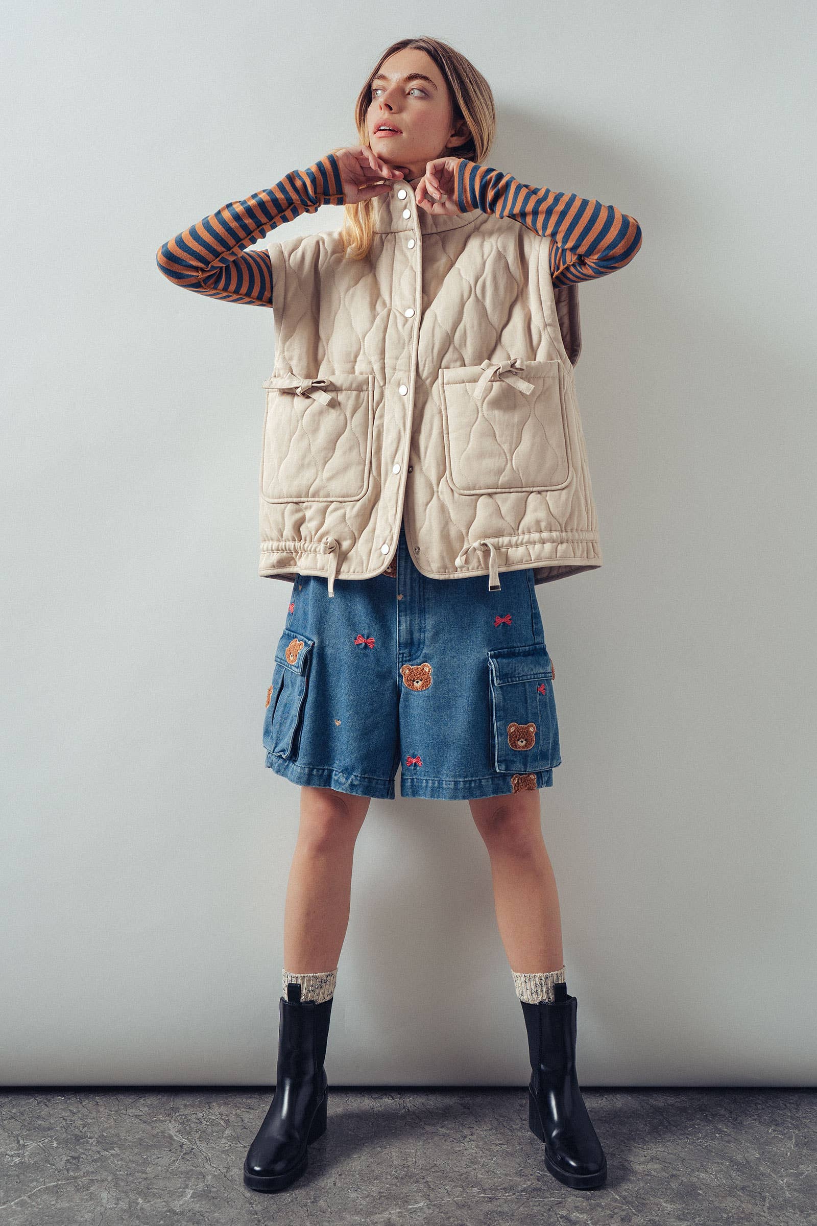 Vintage Washed Quilted Padded Vest: Cream