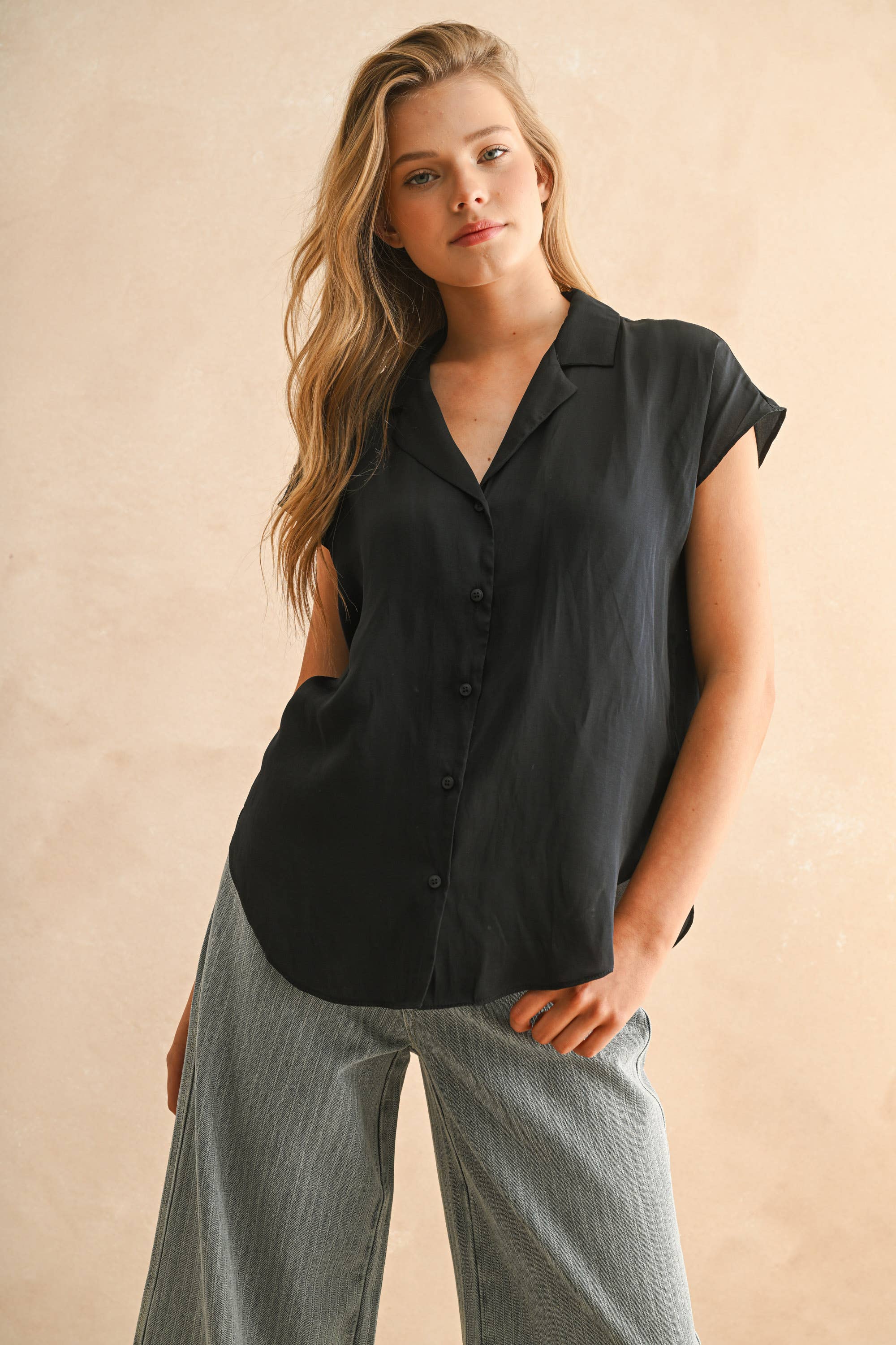 Cap Sleeve Silk Blend Blouse: Black