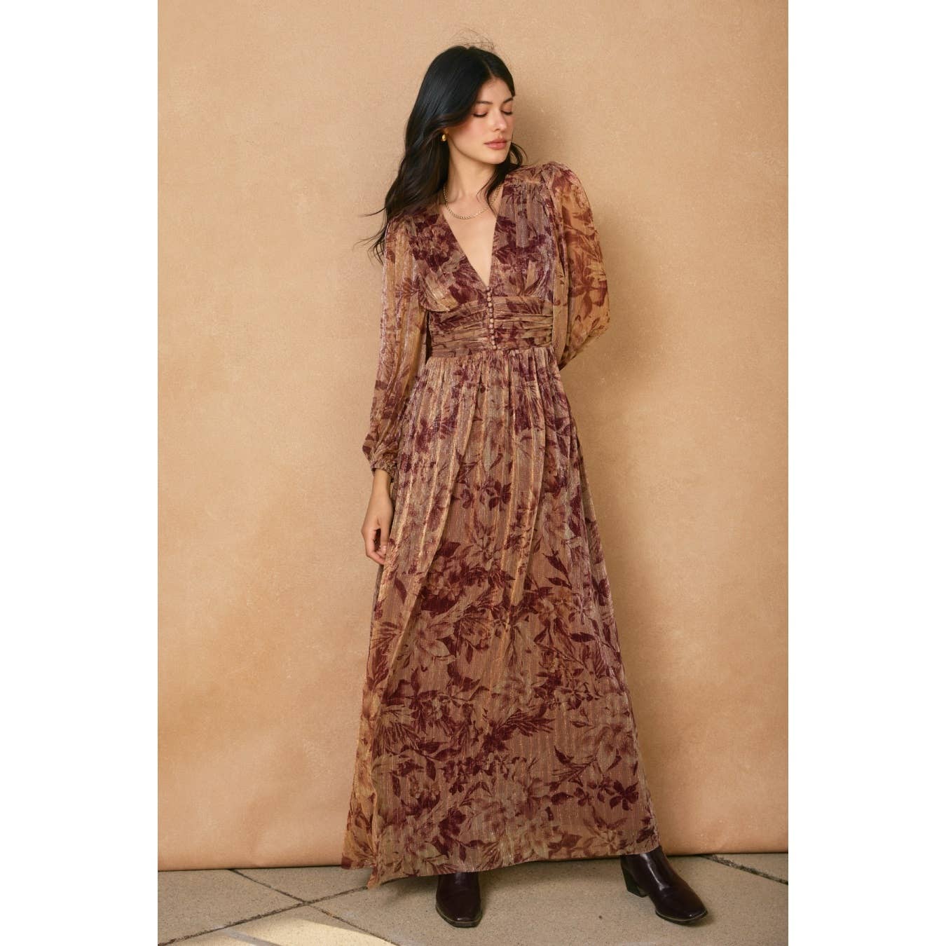 Burgundy Bloom Ruched Waist Maxi Dress