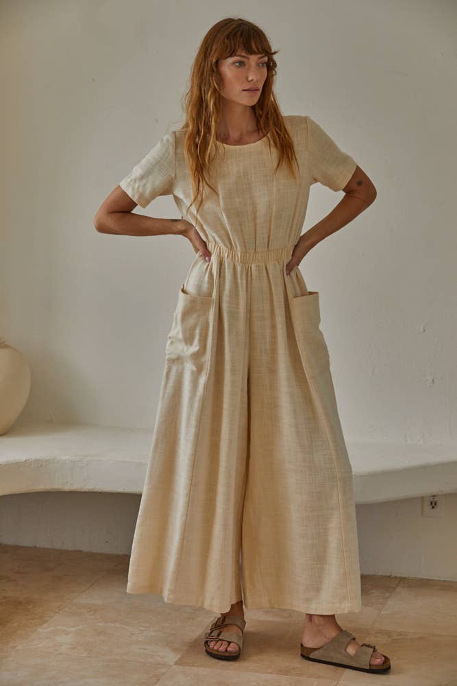 Wide Leg Cotton Jumpsuit: Cream