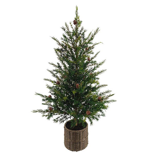Faux Pine Tree in Woven Basket