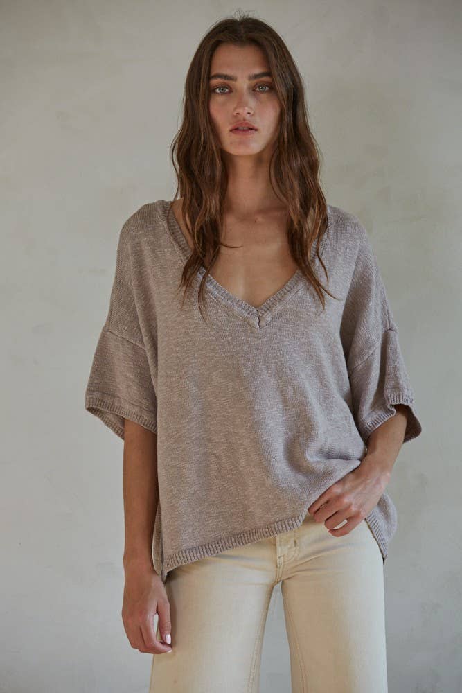 Slouchy Ribbed V-Neck - Burnt Taupe