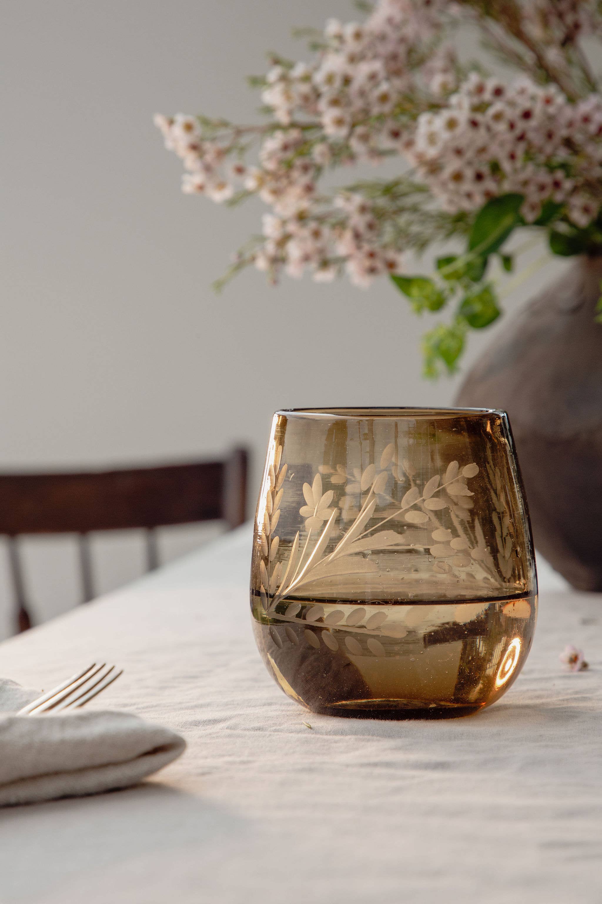 Hand-Etched Blown Oval Glass: Amber