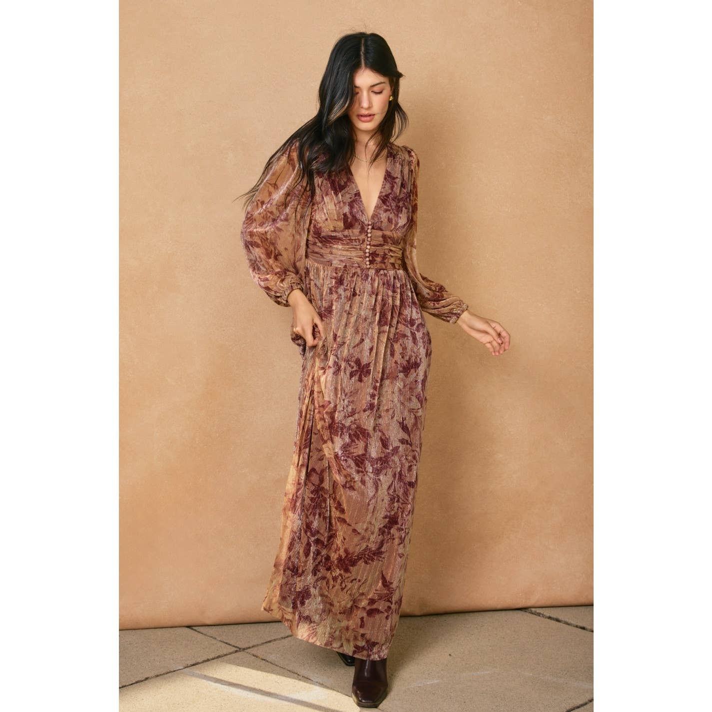 Burgundy Bloom Ruched Waist Maxi Dress