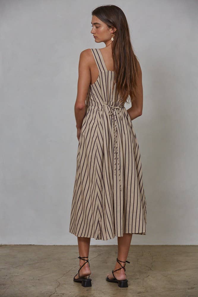 Woven Cotton Striped Midi Dress: Latte