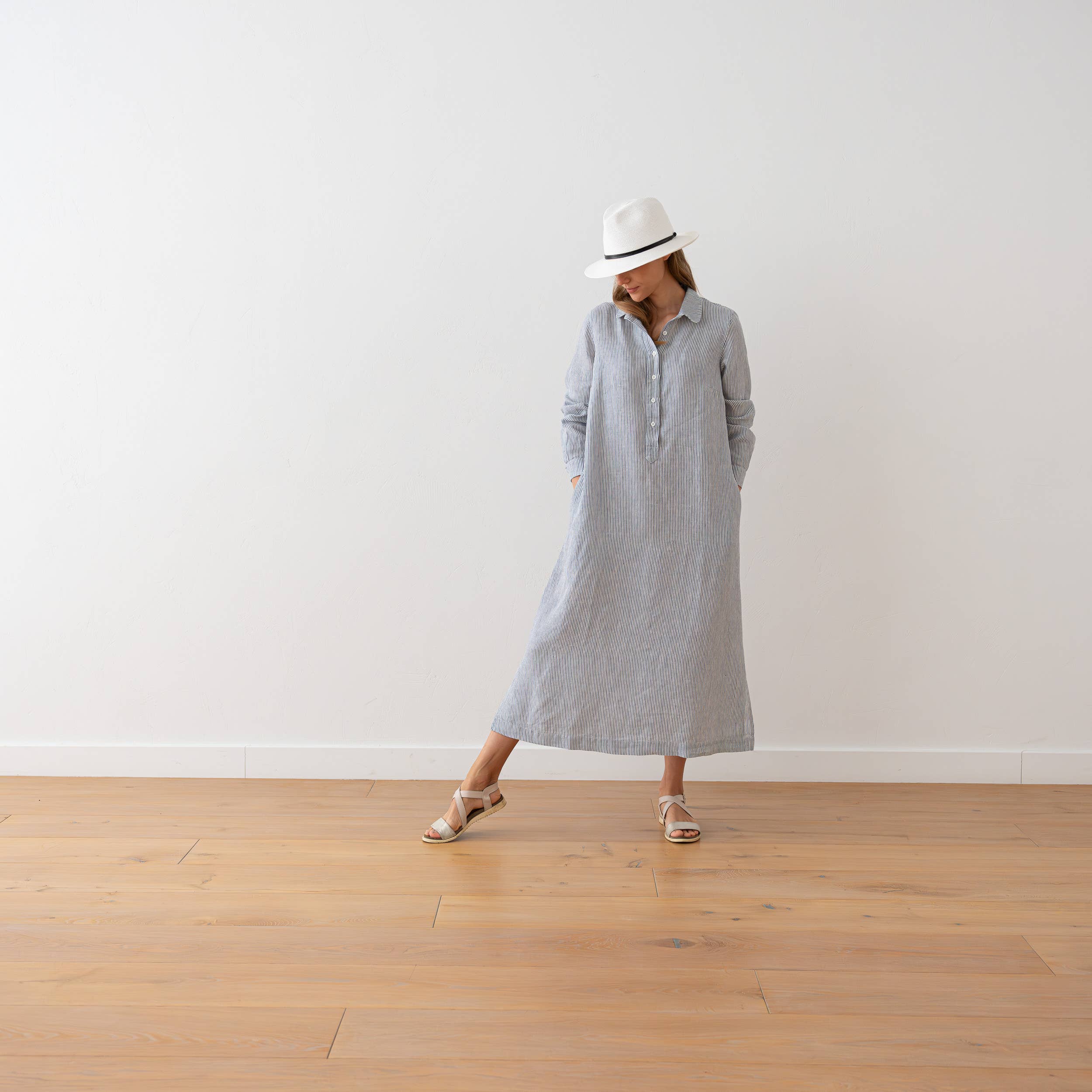 Navy Striped Linen Maxi Dress