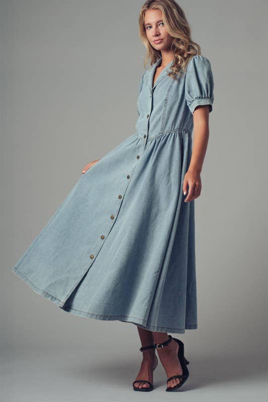 Button-Down Puff Sleeve Denim Midi Dress