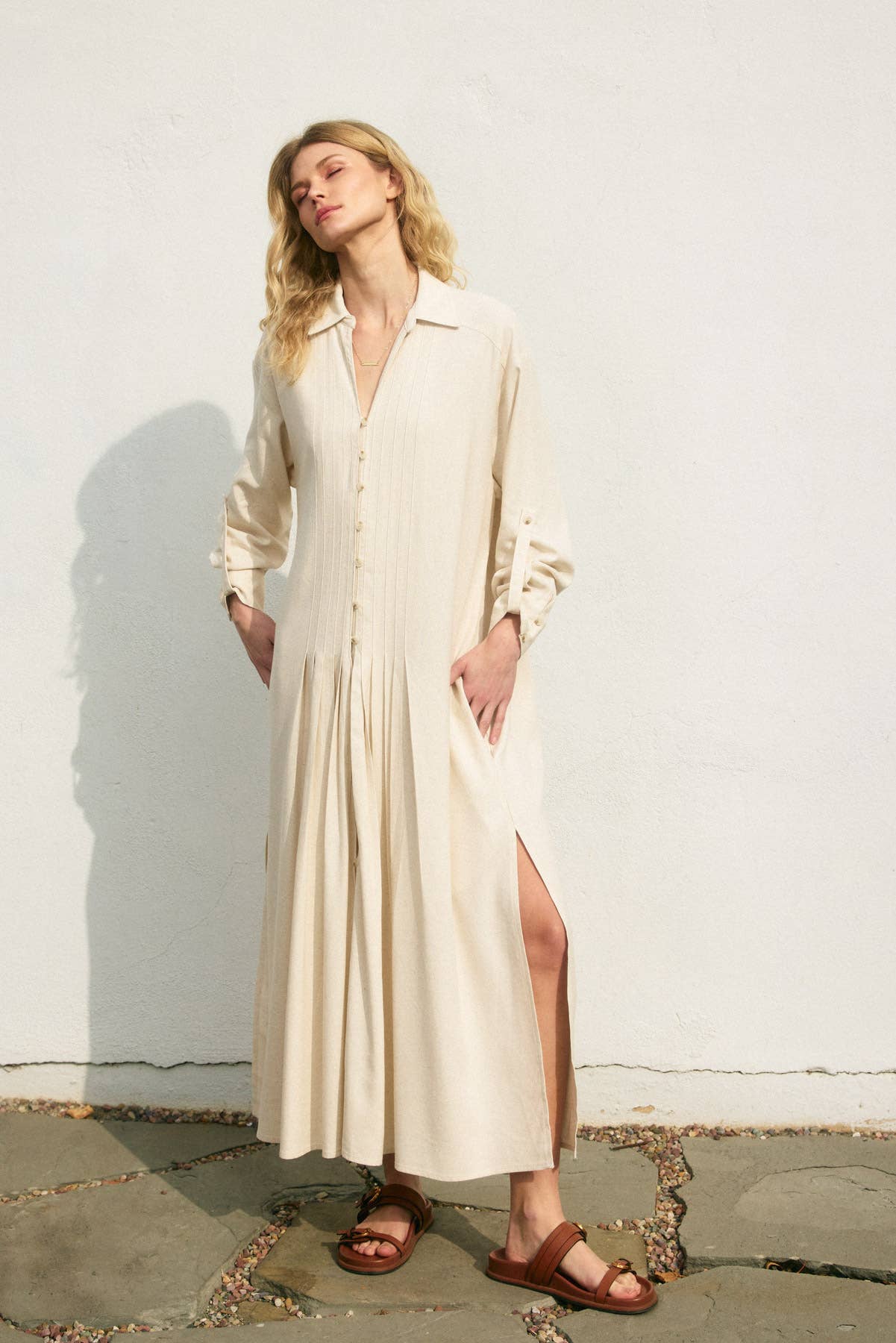Cotton Linen Pleated Shirt Dress: Ivory