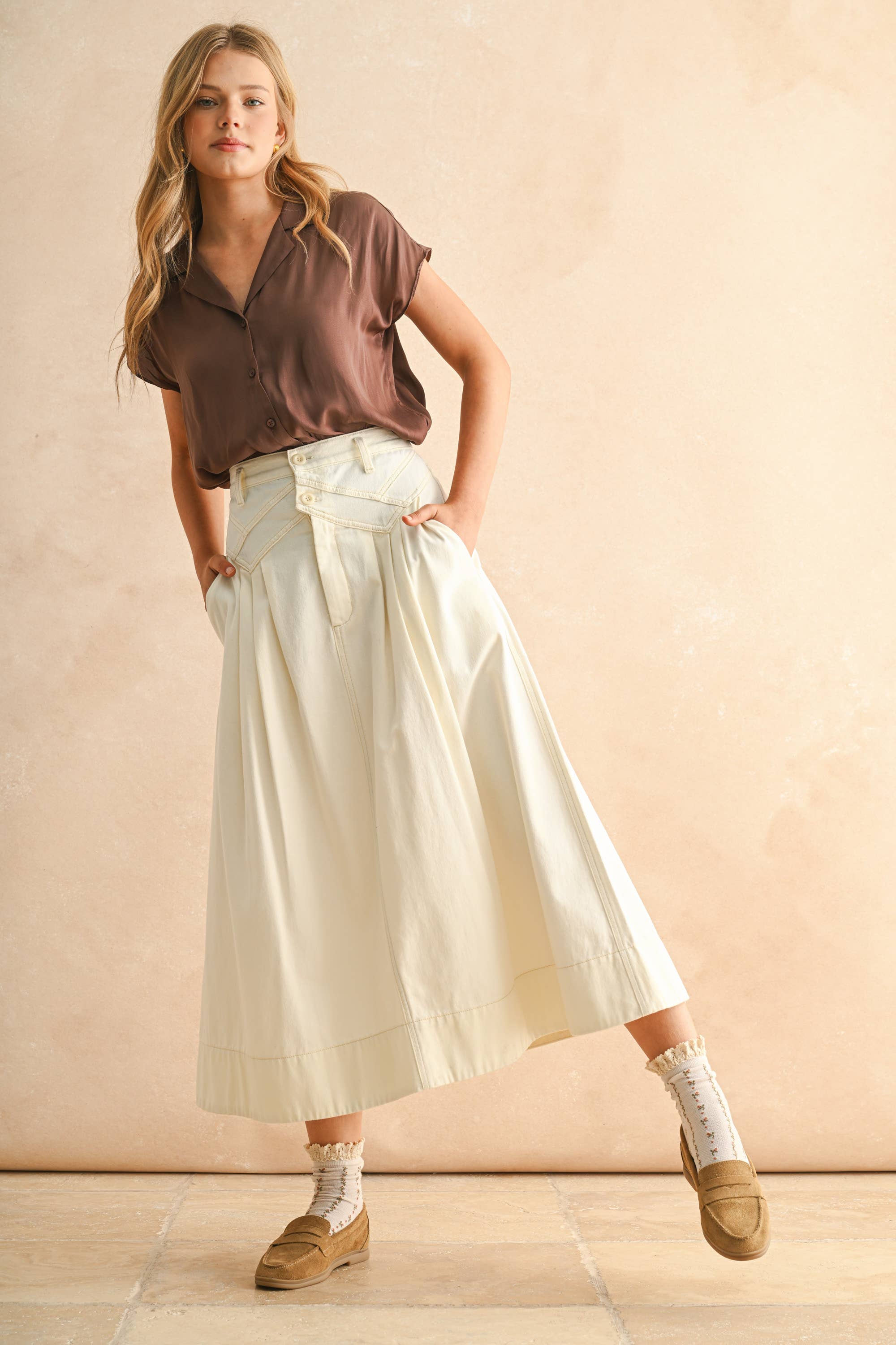 Mini Pleat Long Skirt: Ecru