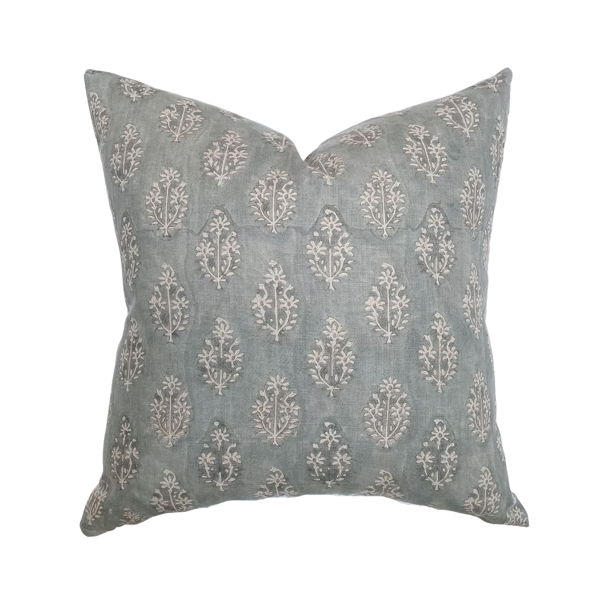 Silas Muted Blue Floral Handblock Pillow: 22x22