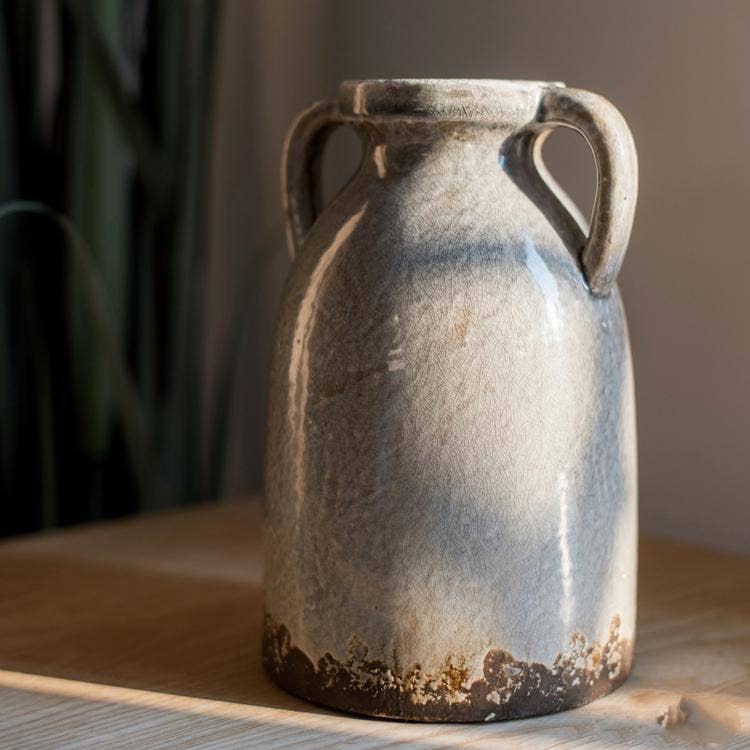 Glazed Pottery Vase with Handles: Blue