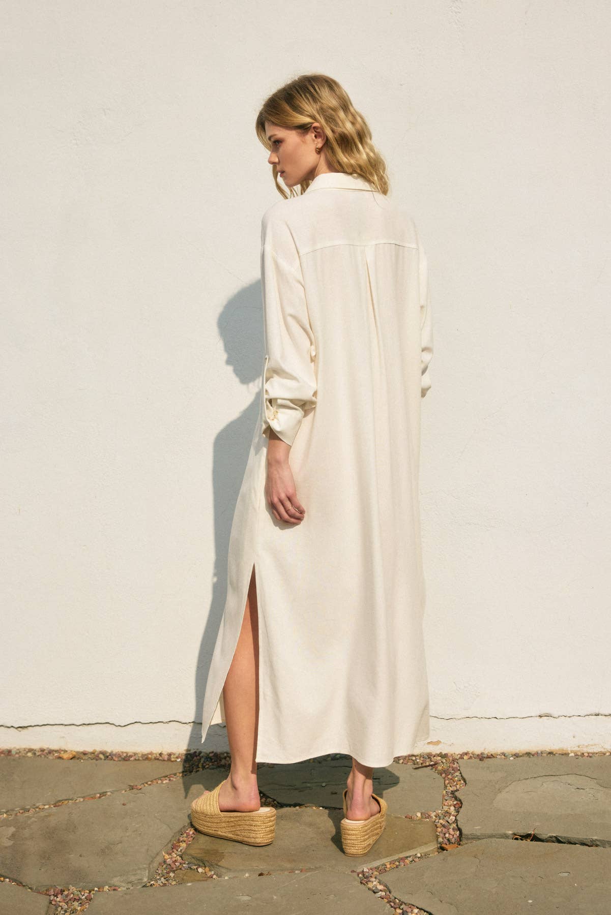 Cotton Linen Pleated Shirt Dress: Ivory