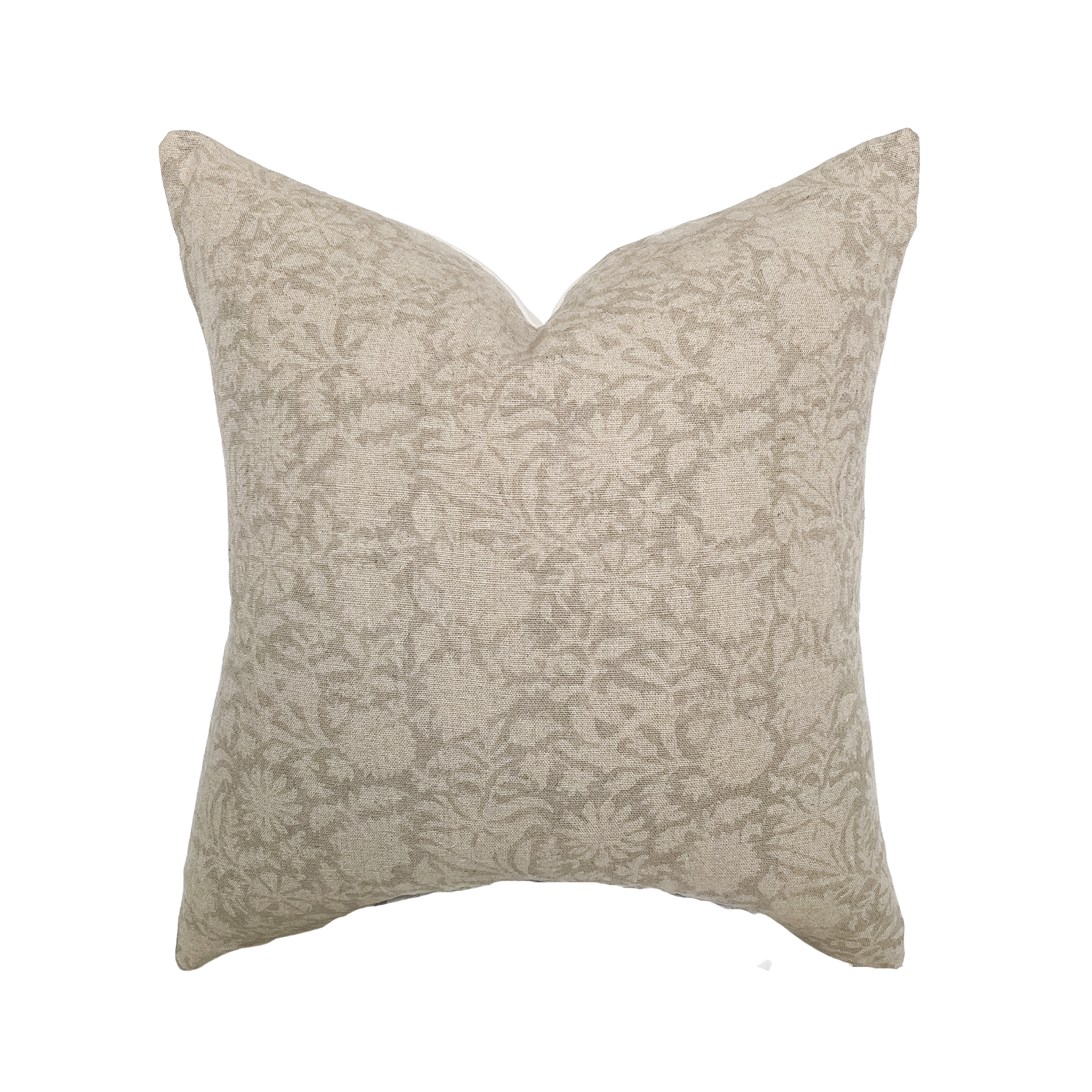 Serena Soft Greige Floral Handblock Pillow: 22x22