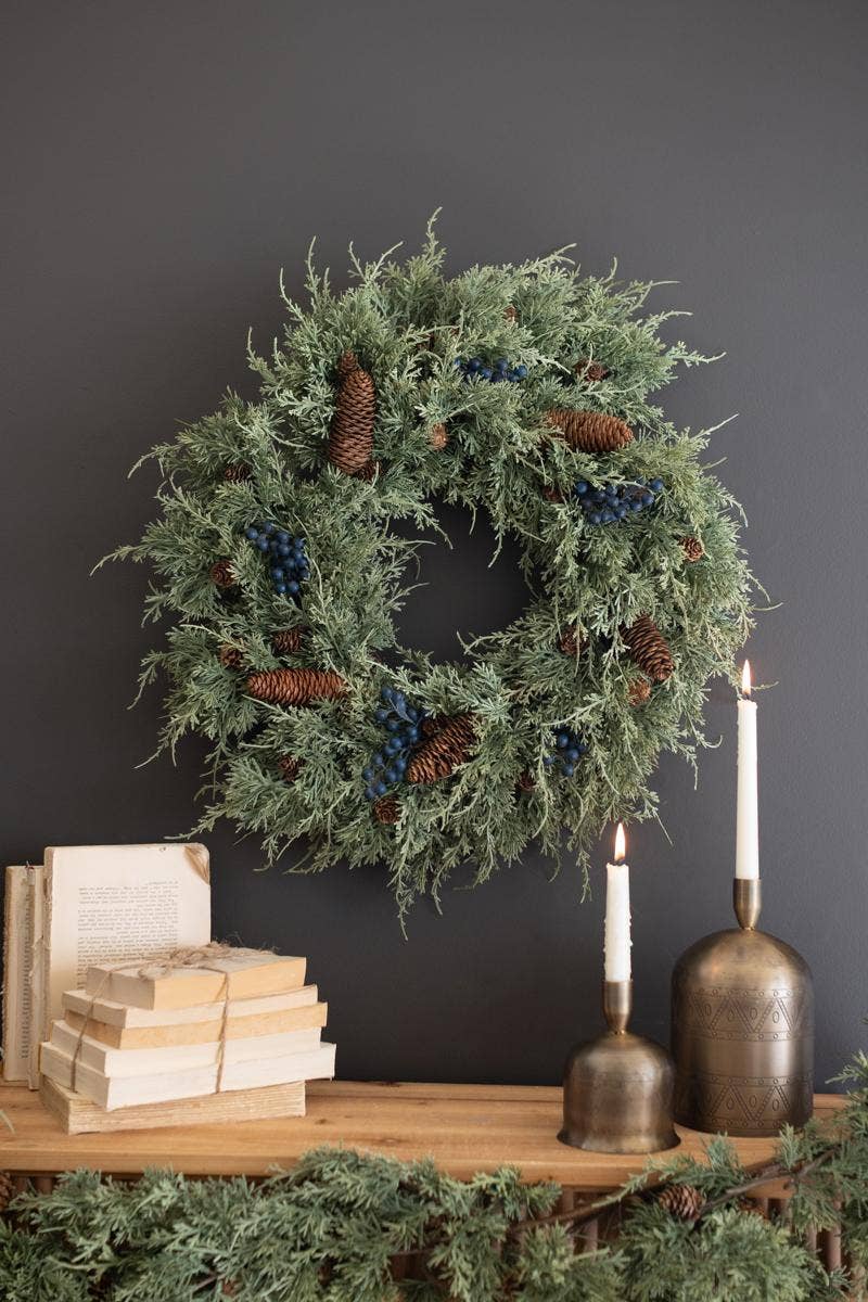 Faux Fir Wreath with Berries: 22"