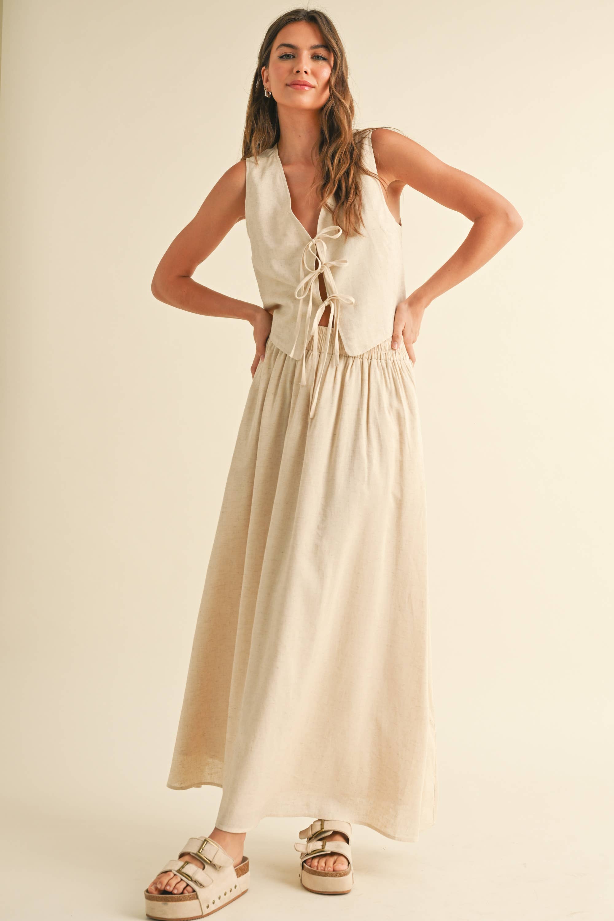 Linen Blend Maxi Skirt: Oatmeal