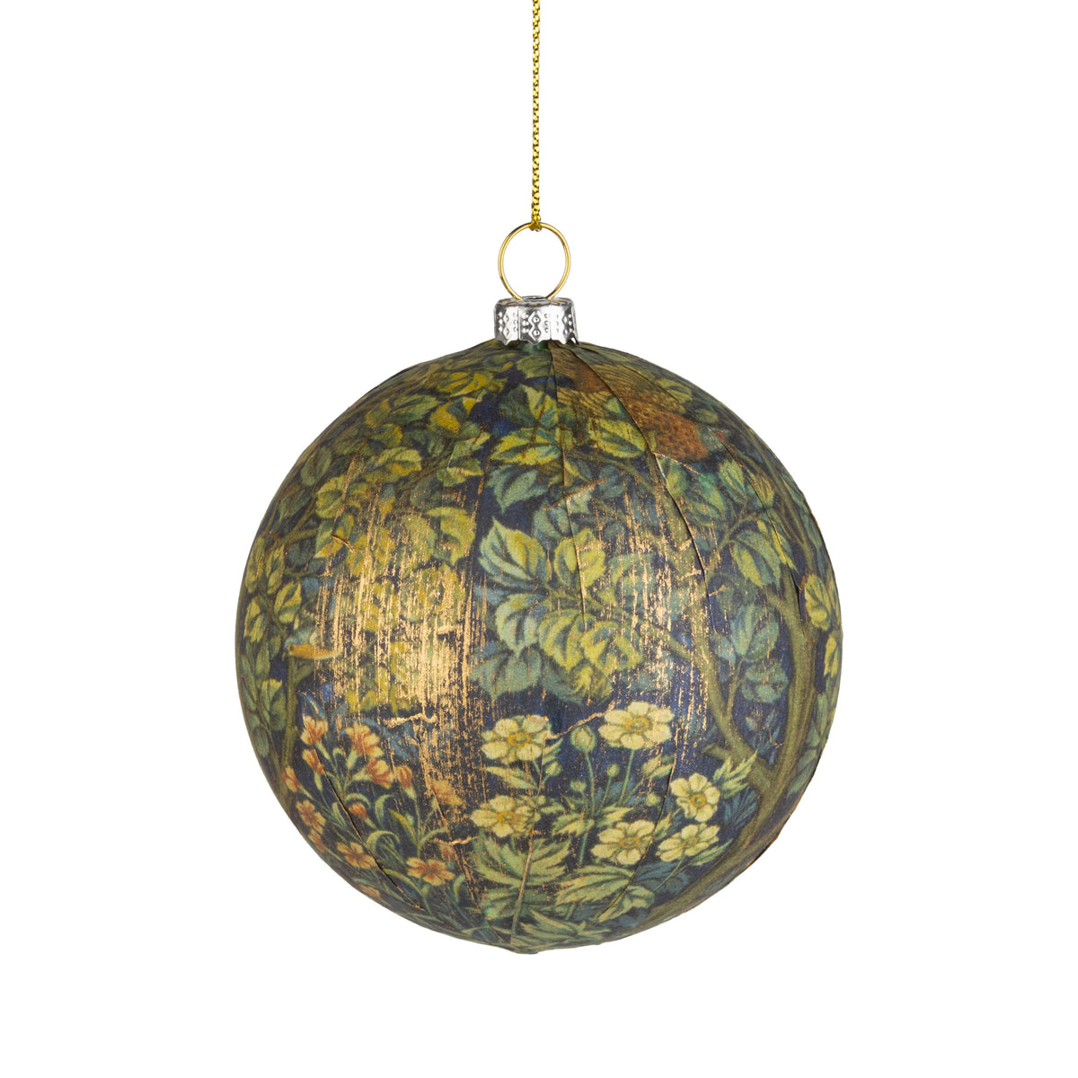 A25020:Paper/plastic ball orn,teal/grn floral lt gold 3in